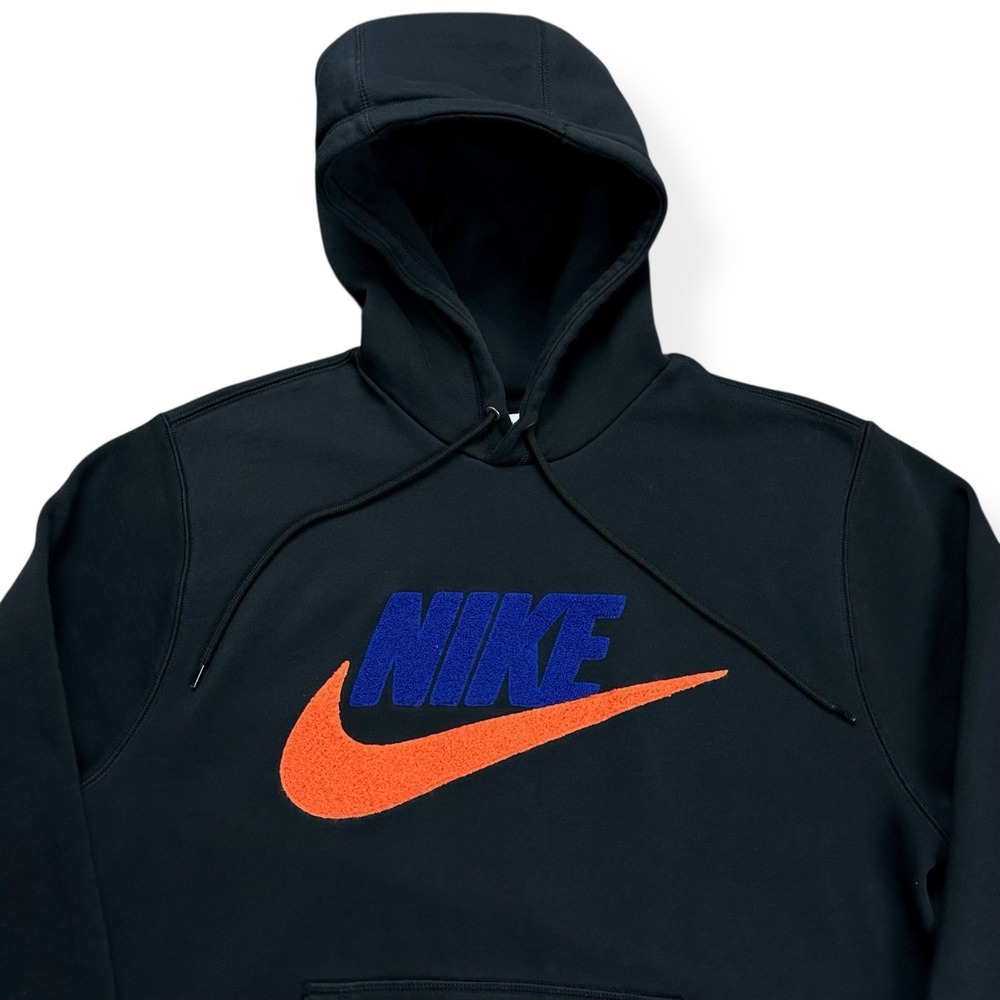 Nike Men's Club Fleece Pullover Hoodie Black Orange Size Medium Fuzzy Spell Out - Picture 4 of 16